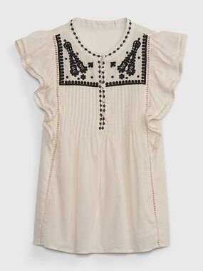GAP Cream Flutter Sleeve Blouse with Black Embroidery M